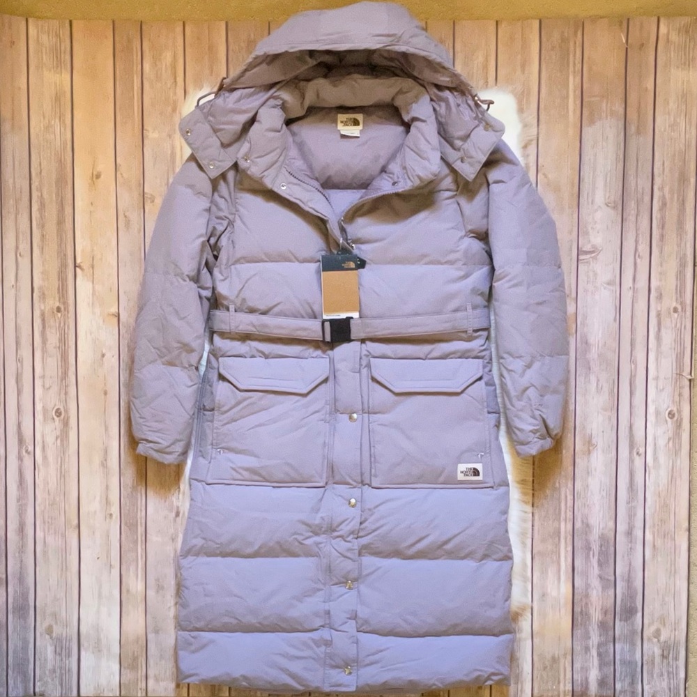 The North Face Women's Long Puffer Coat in Light Gray with Hood